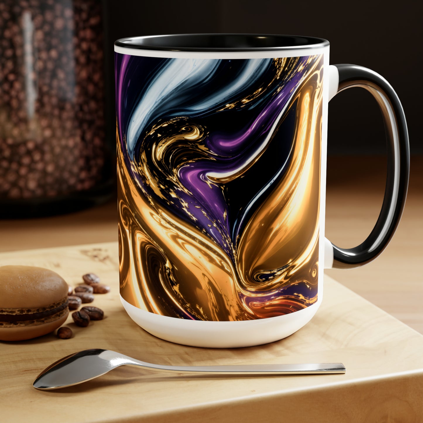 Black, Blue, Gold Marble Alcohol Ink Design Two-Tone Coffee Mugs, 15oz