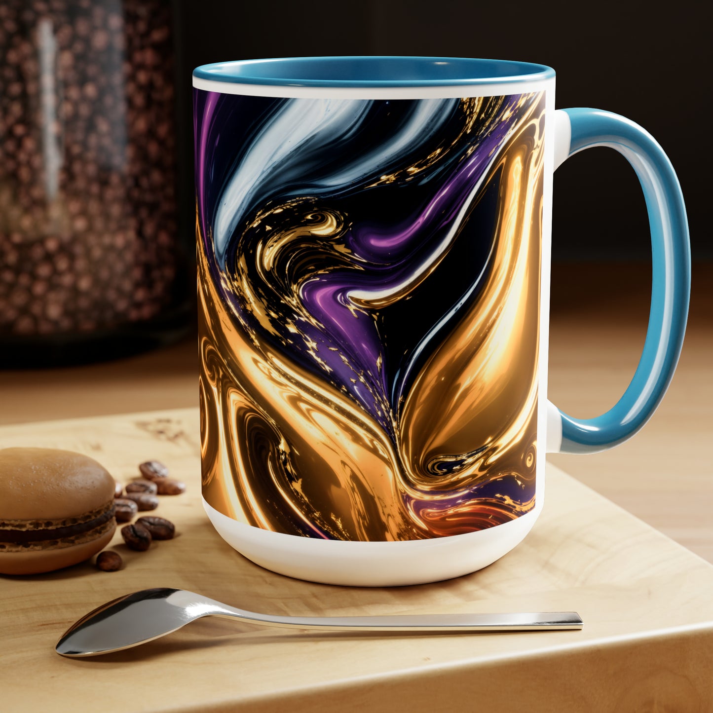 Black, Blue, Gold Marble Alcohol Ink Design Two-Tone Coffee Mugs, 15oz