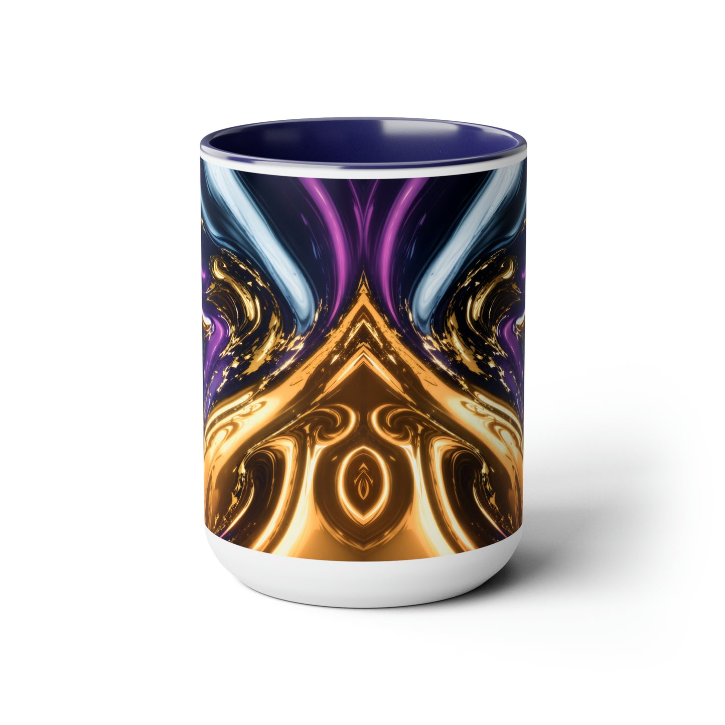 Black, Blue, Gold Marble Alcohol Ink Design Two-Tone Coffee Mugs, 15oz