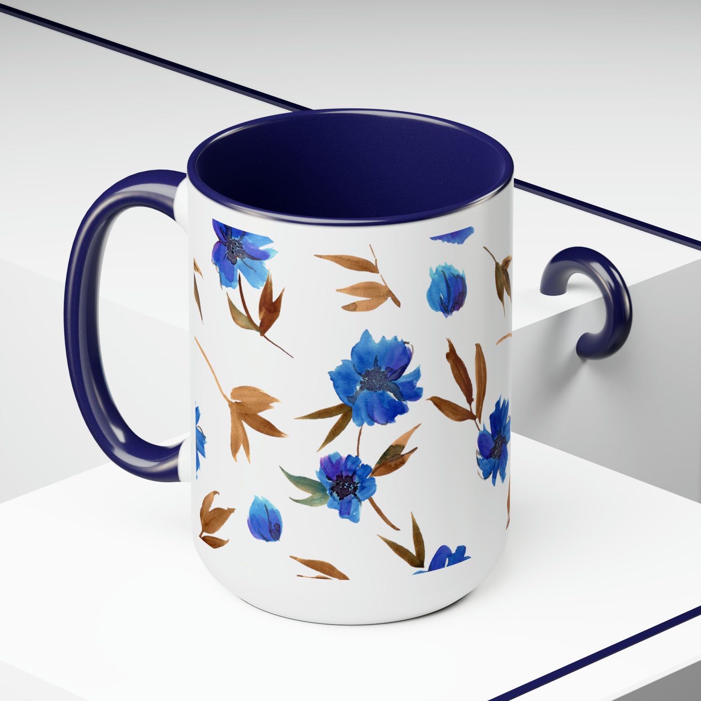 Floral Design Two-Tone Coffee Mugs, 15oz