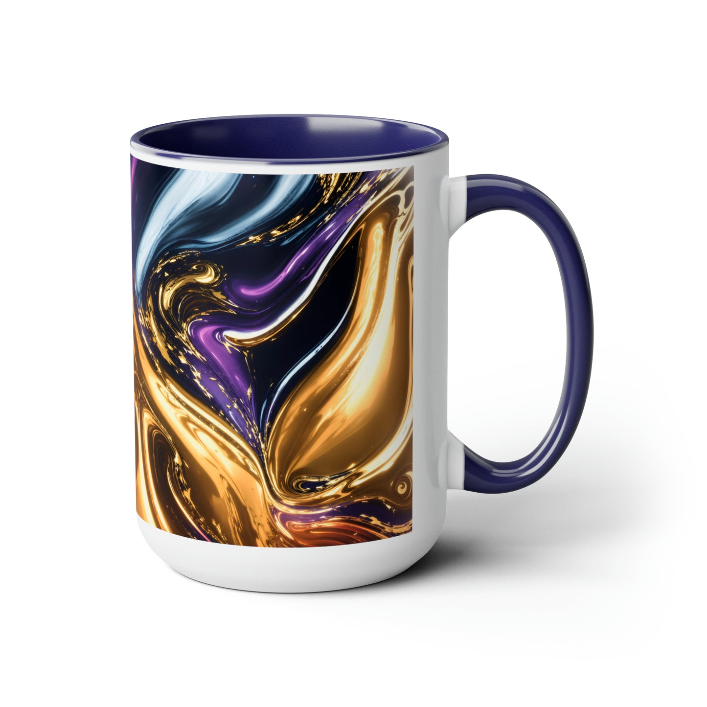 Black, Blue, Gold Marble Alcohol Ink Design Two-Tone Coffee Mugs, 15oz