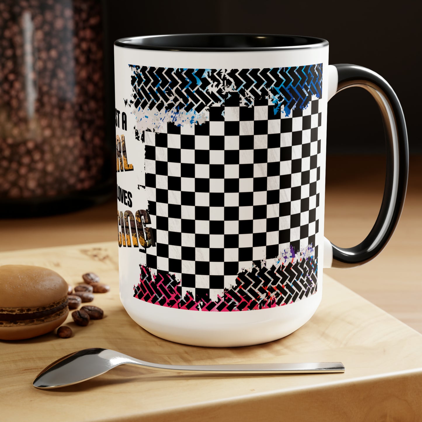 Just a Girl That Loves Racing Two-Tone Coffee Mugs, 15oz