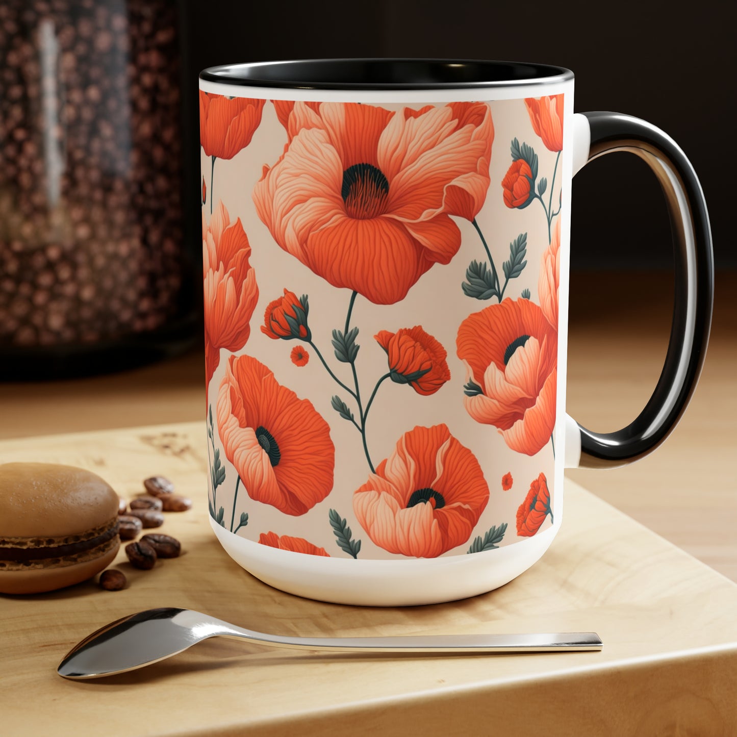 Poppy Flower Two-Tone Coffee Mugs, 15oz