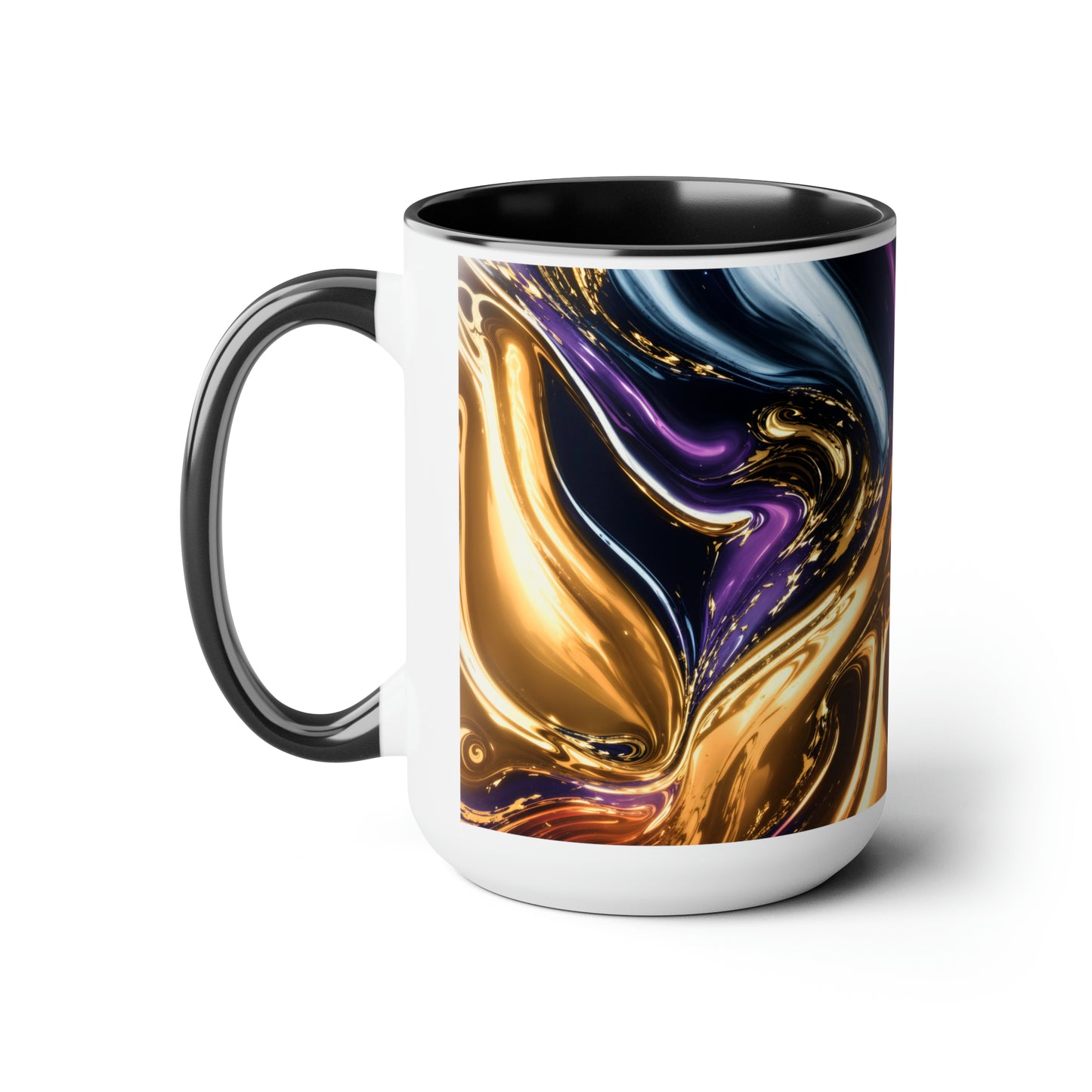 Black, Blue, Gold Marble Alcohol Ink Design Two-Tone Coffee Mugs, 15oz