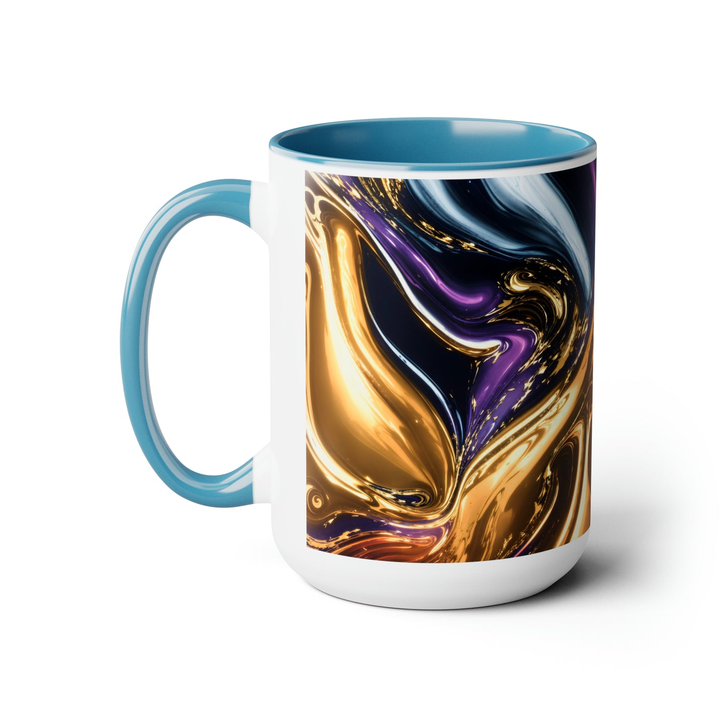 Black, Blue, Gold Marble Alcohol Ink Design Two-Tone Coffee Mugs, 15oz