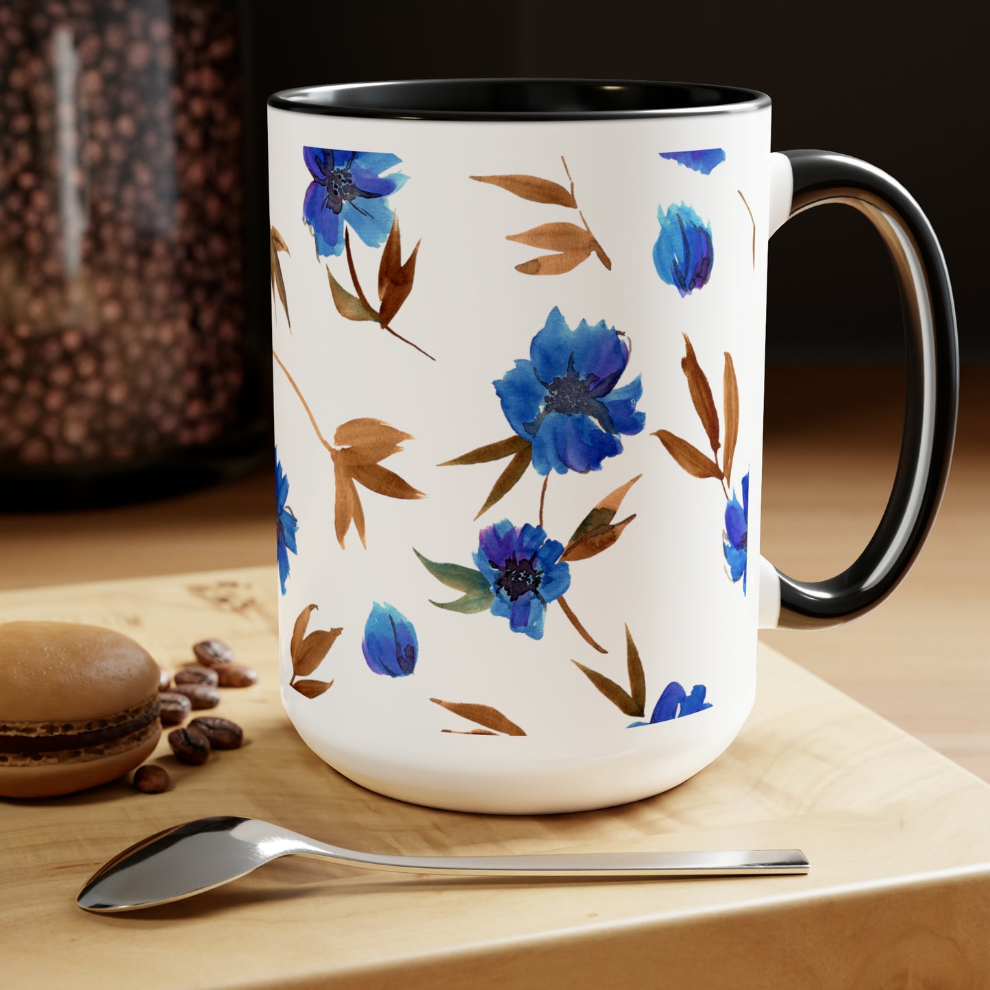 Floral Design Two-Tone Coffee Mugs, 15oz