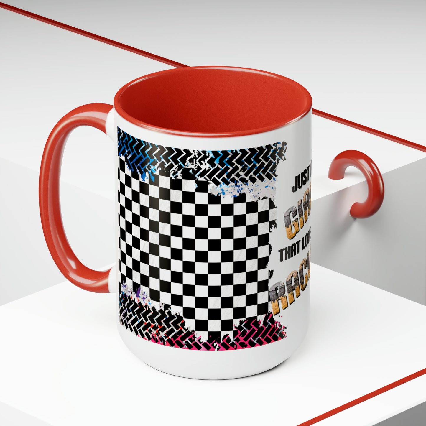 Just a Girl That Loves Racing Two-Tone Coffee Mugs, 15oz