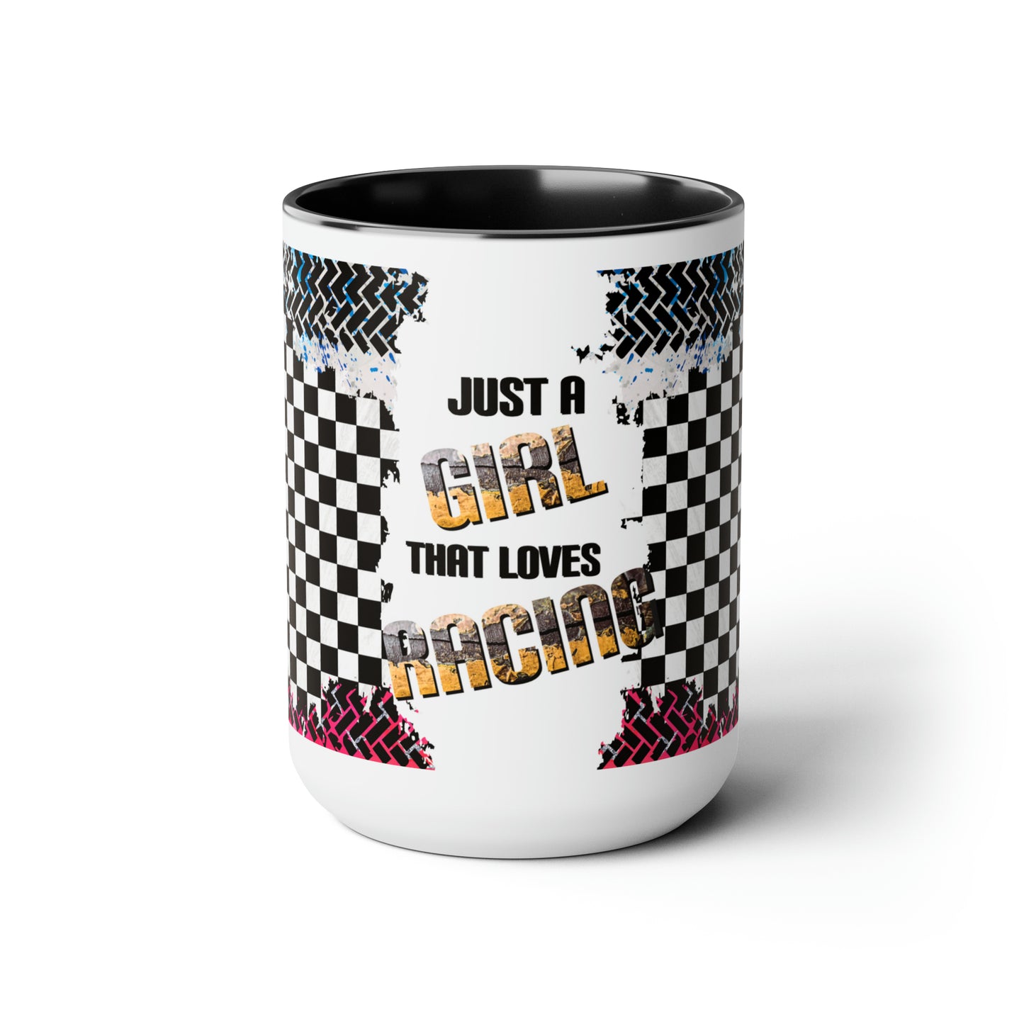 Just a Girl That Loves Racing Two-Tone Coffee Mugs, 15oz