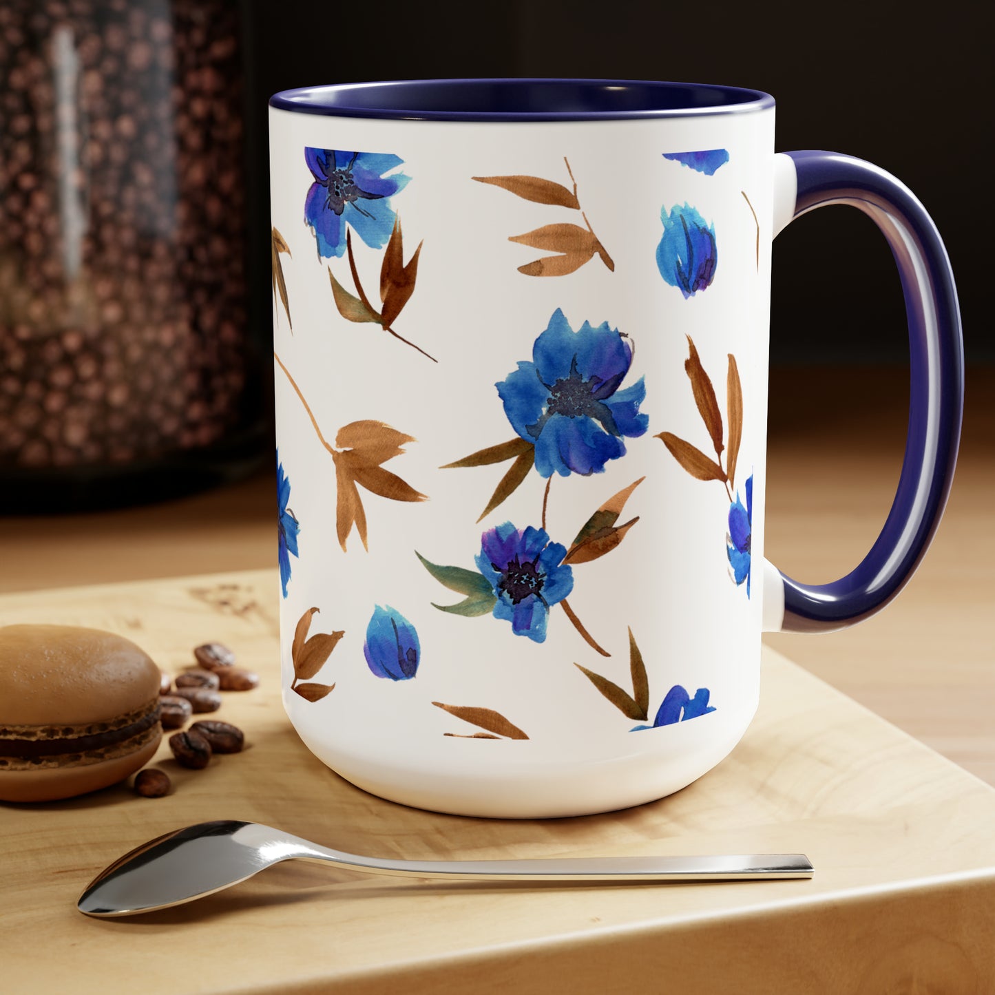 Floral Design Two-Tone Coffee Mugs, 15oz