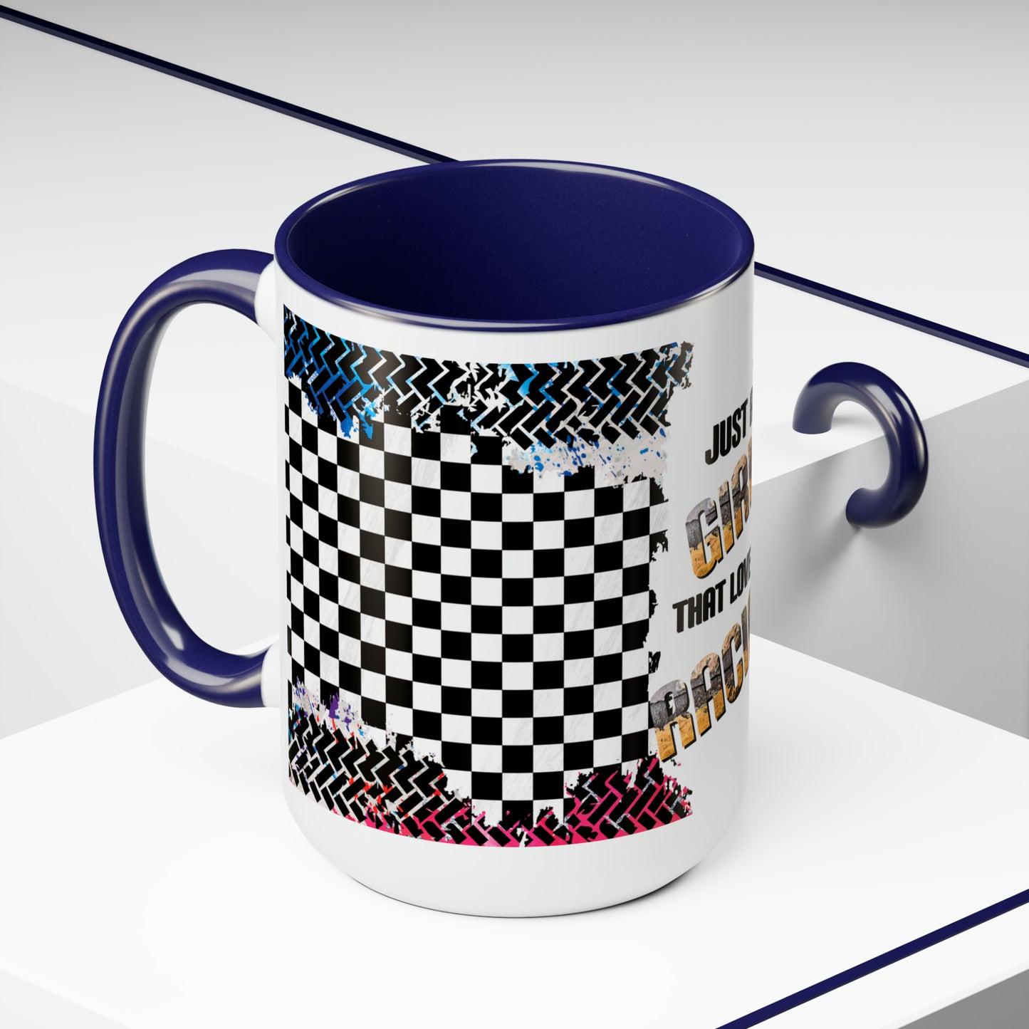 Just a Girl That Loves Racing Two-Tone Coffee Mugs, 15oz