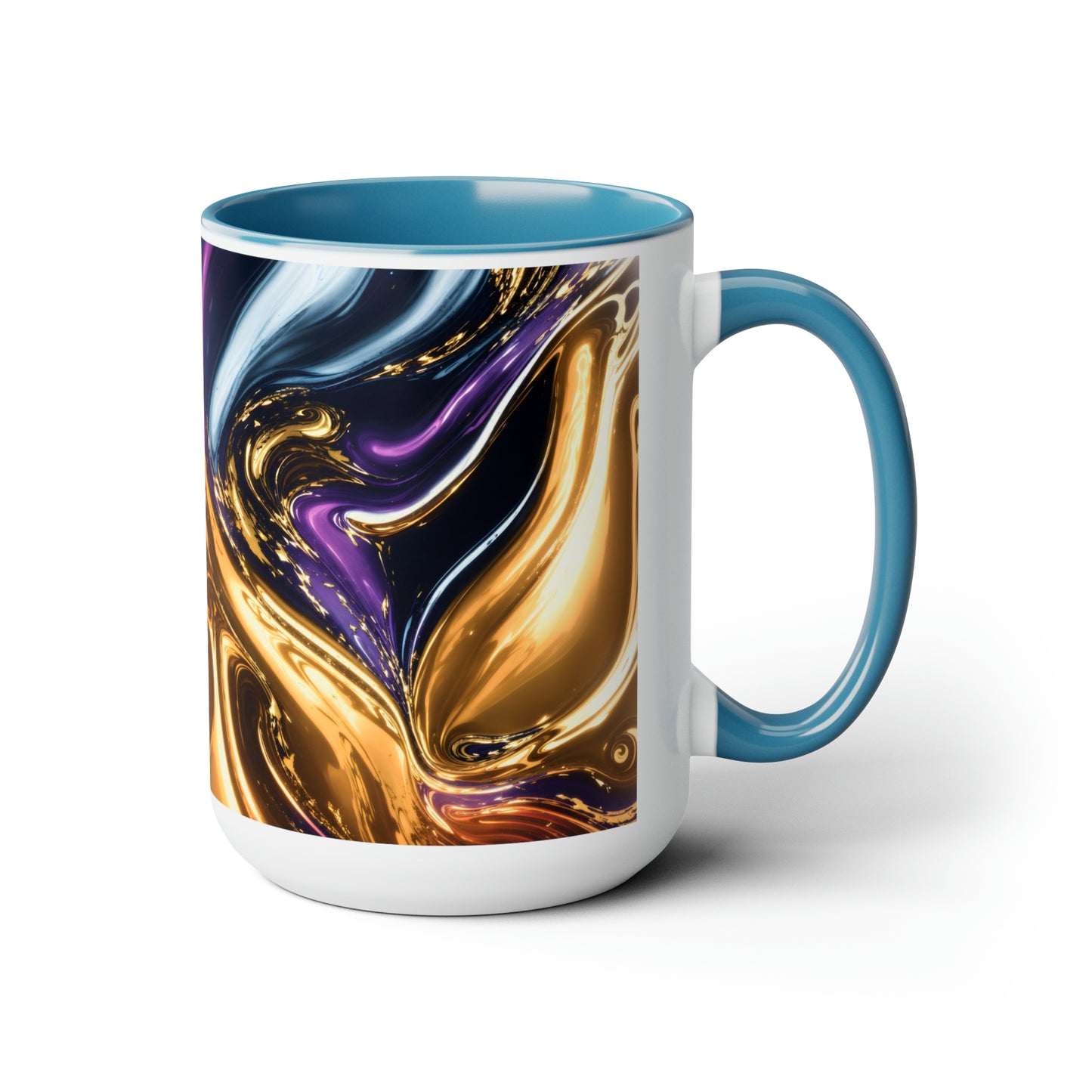 Black, Blue, Gold Marble Alcohol Ink Design Two-Tone Coffee Mugs, 15oz