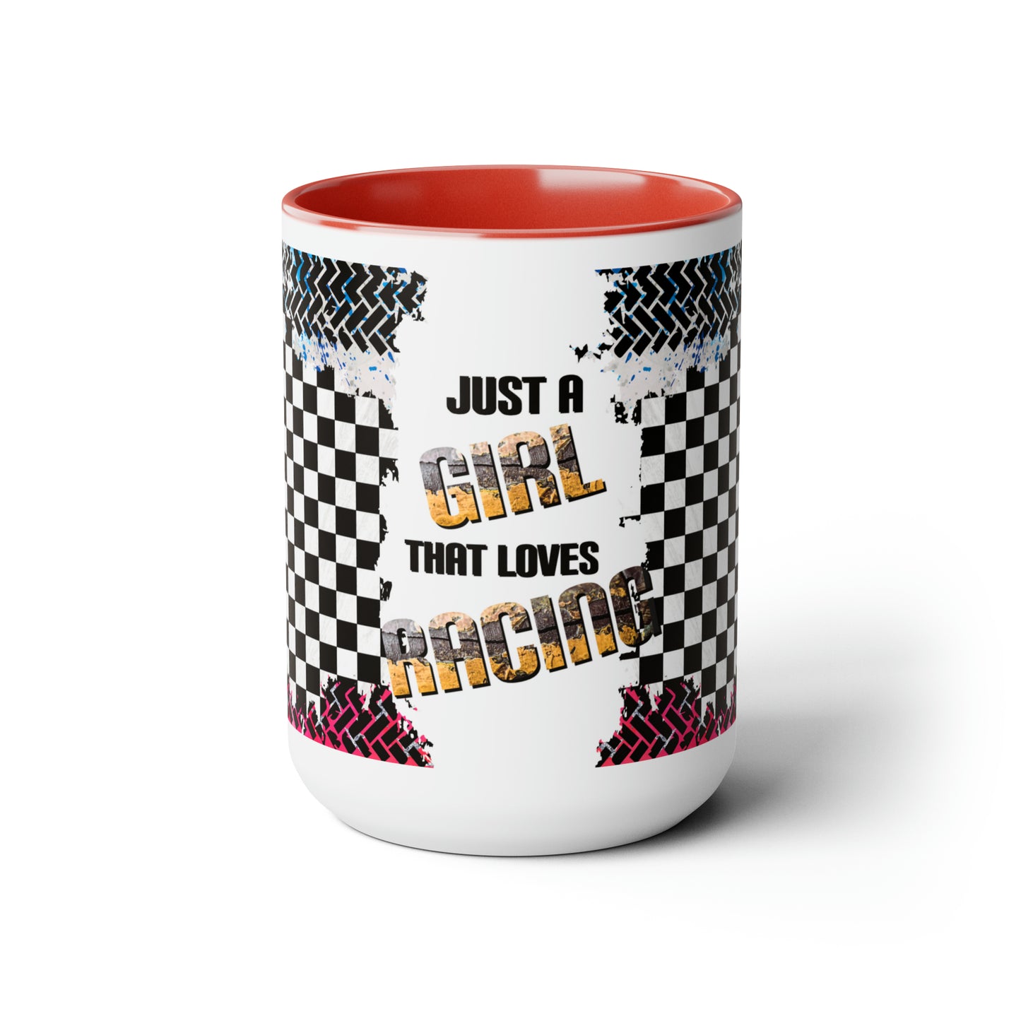 Just a Girl That Loves Racing Two-Tone Coffee Mugs, 15oz