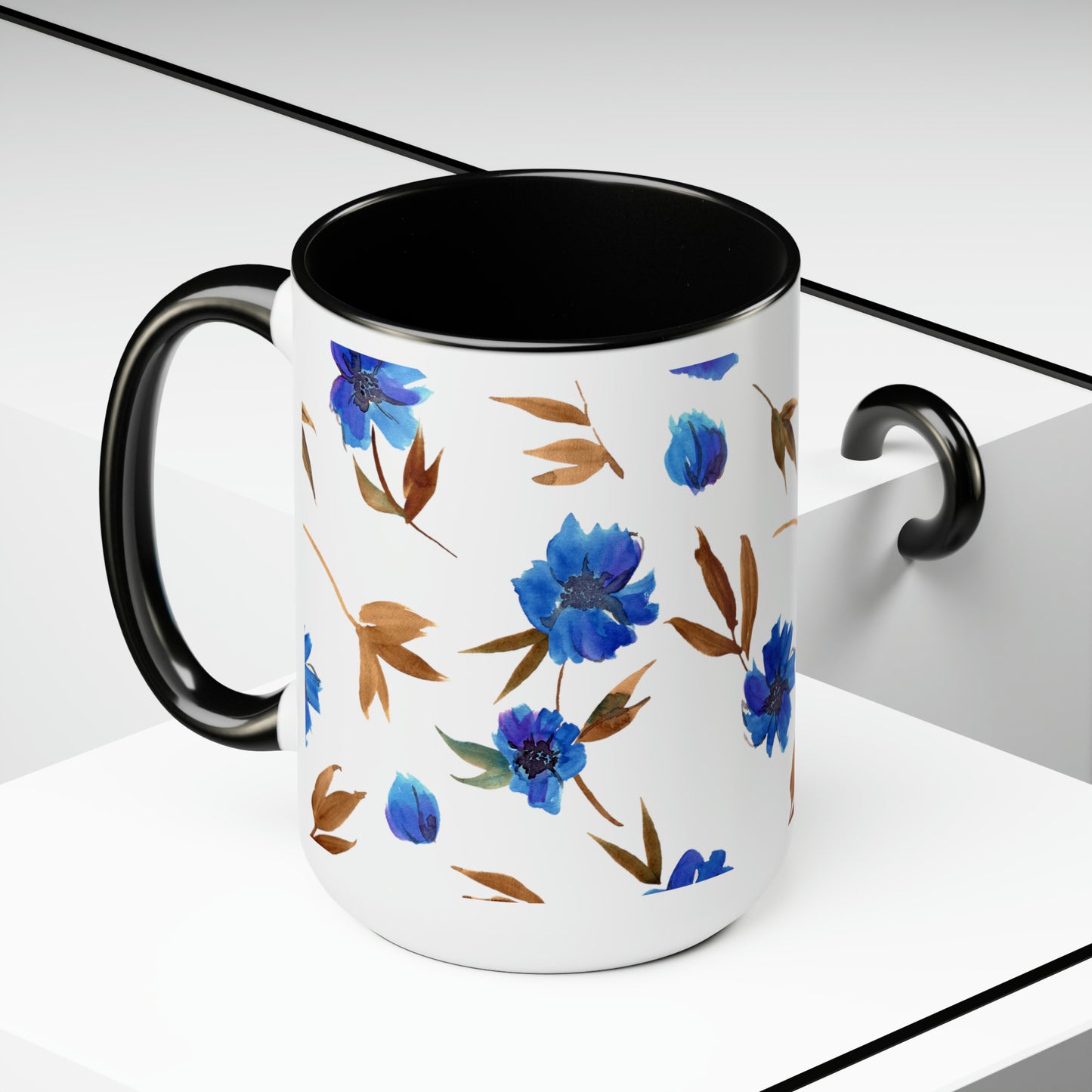 Floral Design Two-Tone Coffee Mugs, 15oz