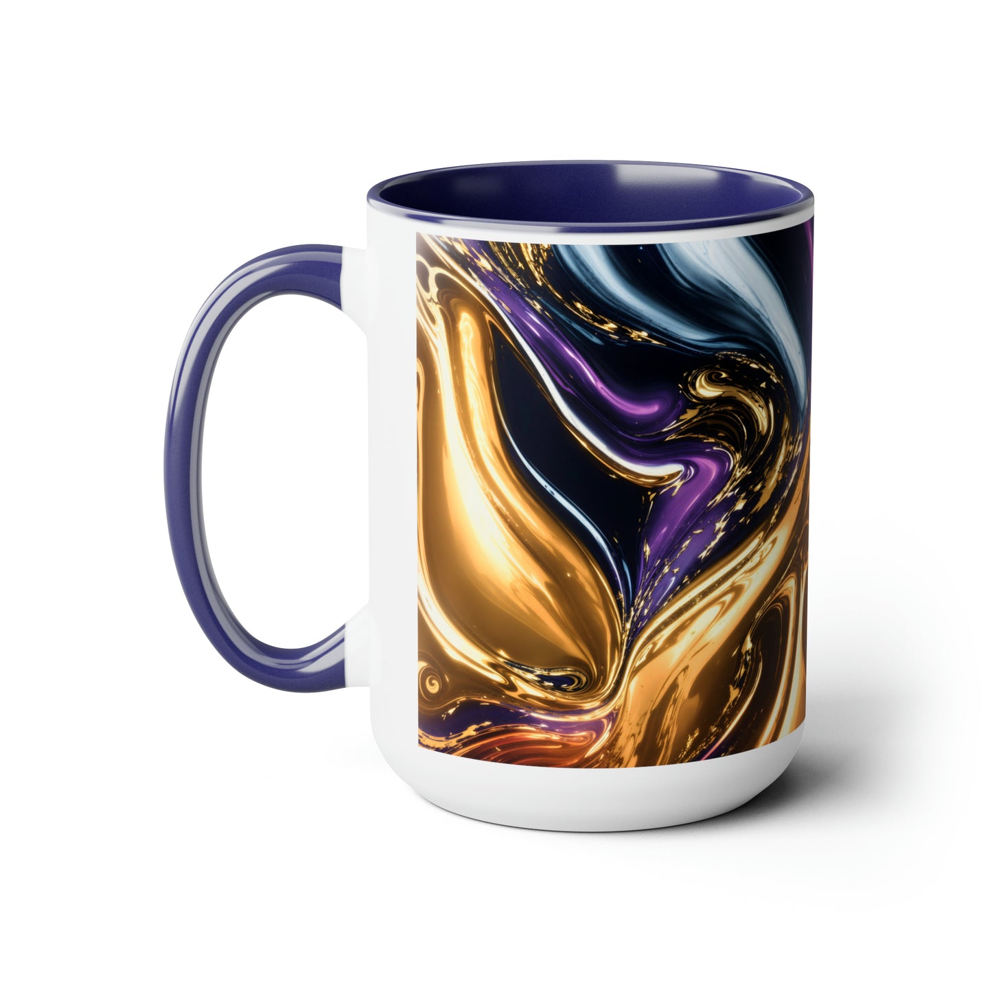 Black, Blue, Gold Marble Alcohol Ink Design Two-Tone Coffee Mugs, 15oz