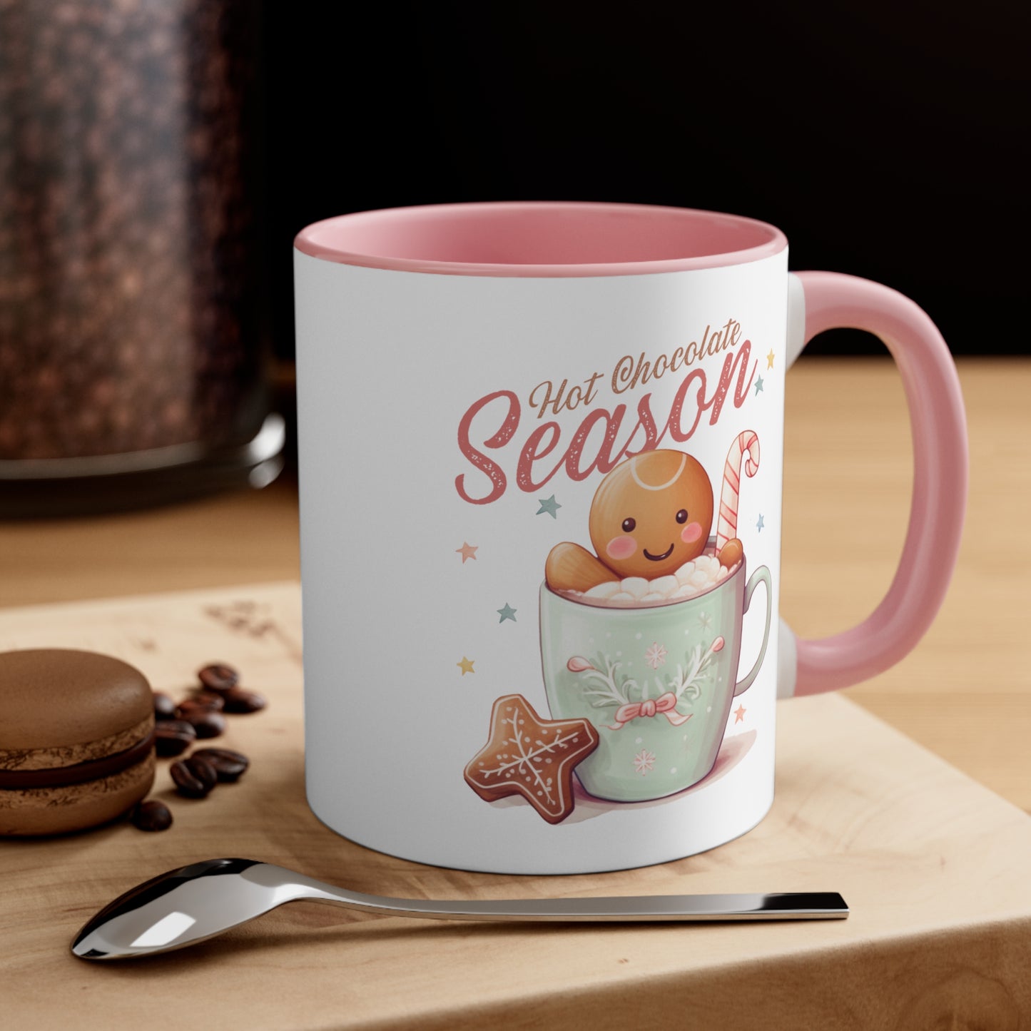 Hot Chocolate Season Pink Accent Coffee Mug Dual Image, 11oz