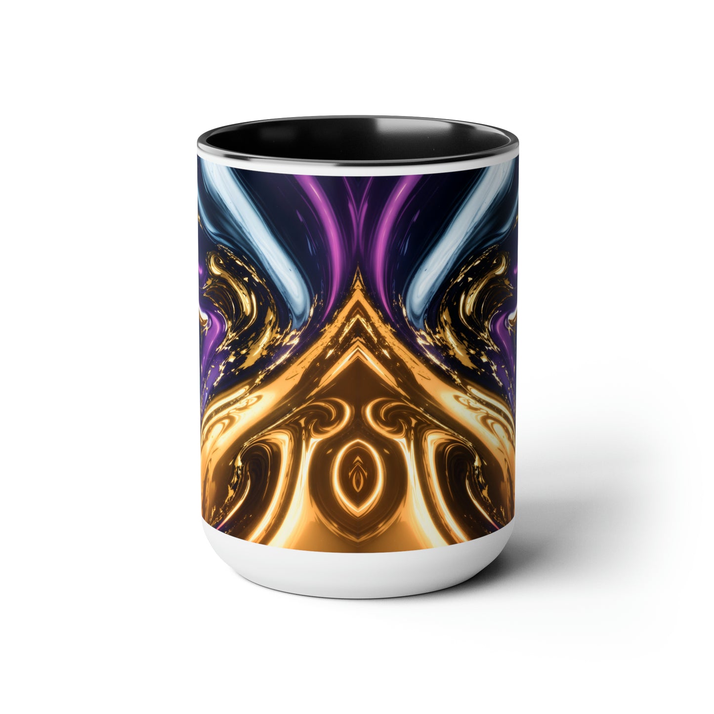 Black, Blue, Gold Marble Alcohol Ink Design Two-Tone Coffee Mugs, 15oz