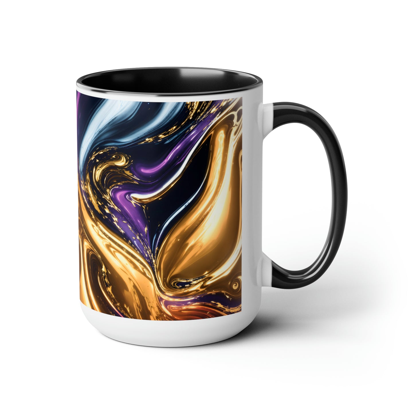 Black, Blue, Gold Marble Alcohol Ink Design Two-Tone Coffee Mugs, 15oz